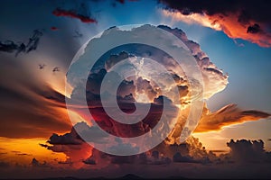 Light in the Dark and Dramatic Storm Clouds. Dramatic sky at the sunset. Generative AI