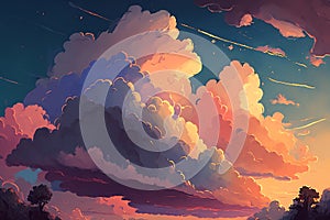 Light in the Dark and Dramatic Storm Clouds. Dramatic sky at the sunset. Generative AI