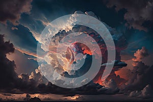 Light in the Dark and Dramatic Storm Clouds. Dramatic sky at the sunset. Generative AI