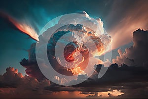 Light in the Dark and Dramatic Storm Clouds. Dramatic sky at the sunset. Generative AI