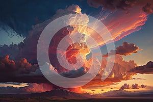 Light in the Dark and Dramatic Storm Clouds. Dramatic sky at the sunset. Generative AI