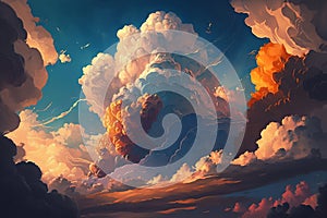 Light in the Dark and Dramatic Storm Clouds. Dramatic sky at the sunset. Generative AI