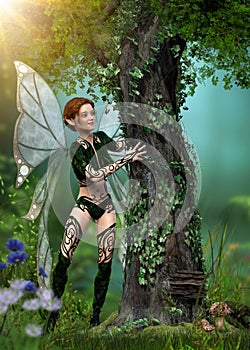 Enchanting and gentle Fairy girl hiding in a deep forest photo