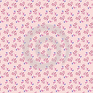 Light delicate spring botanical pattern Small simple flat colorful flowers and herbs on pastel pink background