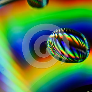 Light diffraction showing rainbows on water drops