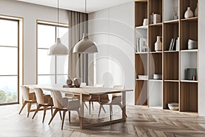 Light dining room interior with chairs and window, shelf with decoration