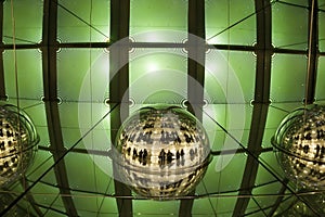 Light display, colored laser, mirror walls, and mirror ball, abstract background