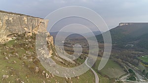 Light of the drone near the gorge Kachinskiy canyon and cave city of Kachi-Kalyon