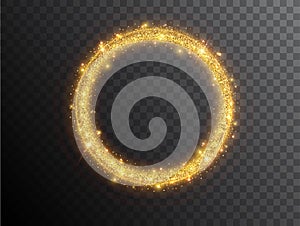 Light effect circle shape on a black background. Gold glowing neon circle with luminous dust and glares. luminous Circle
