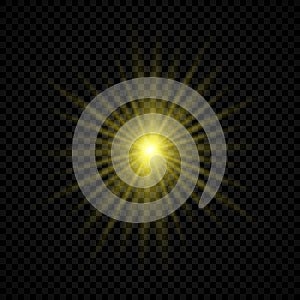 Light effect of lens flares. Yellow glowing lights starburst effects with sparkles