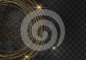 Light effect lines golden vector circle. Magic sparkling glitter, swirl trail effect on transparent background. Vector