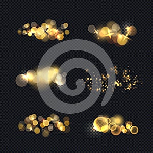 Light effect set. Isolated gold transparent light objects set. Sunlight, shine abstract special effects, vector image