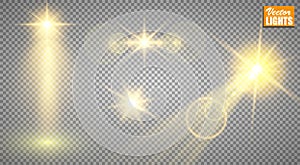 Light effects. A set of golden shining lights isolated on a transparent background. The flash flashes with rays and a