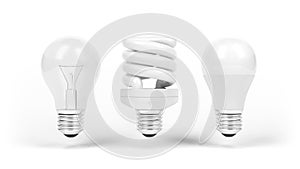 Light emitting diode, incandescent bulb and compact fluorescent lamp. Light bulbs isolated on white. CFL. LED.