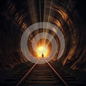 The light at the end of the tunnel. Exit from the darkness. Created with Generative AI