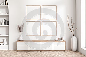 Light exhibition interior with sideboard and art decoration, mockup frames