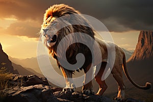 Light exposed king, a lion stands regally on a rocky perch photo