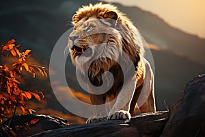 Light exposed king, a lion stands regally on a rocky perch photo