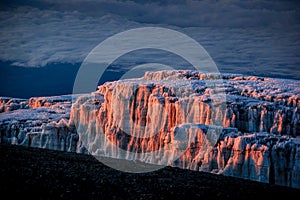 The glaciers at sunrise at the top of Mount Kilimanjaro