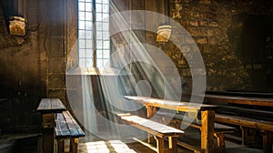 Light falling through a window in an old church, illuminating the wooden benches, Ai Generated