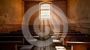 Light falling through a window in an old church, illuminating the wooden benches, Ai Generated