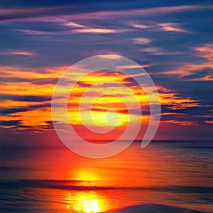 Light fiery sunset on the beautiful and bright ocean horizon