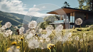 Light-filled Building In Meadow With Dandelion Bouquets