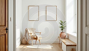 light filled stair landing with a simple chair, folded neutral throw, and handmade clay planter photo