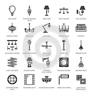 Light fixture, lamps flat glyph icons. Home and outdoor lighting equipment - chandelier, wall sconce, bulb, power socket
