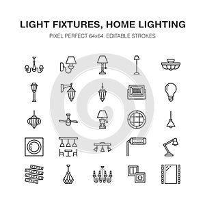 Light fixture, lamps flat line icons. Home and outdoor