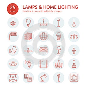 Light fixture, lamps flat line icons. Home and outdoor lighting equipment - chandelier, wall sconce, desk lamp, light
