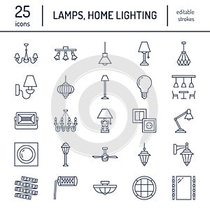 Light fixture, lamps flat line icons. Home and outdoor lighting equipment - chandelier, wall sconce, desk lamp, light