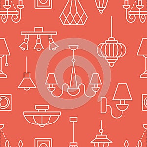 Light fixture, lamps seamless pattern, illustration. Vector icons of home lighting equipment - chandelier, power socket