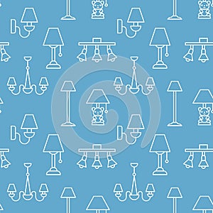 Light fixture, lamps seamless pattern, line illustration. Vector icons of home lighting equipment - chandelier, desk