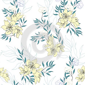 Light floral seamless pattern. Delicate yellow flowers on a white background. Vector endless texture for fabric