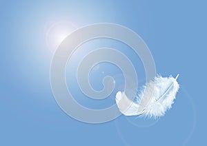 Light fluffy a white feather floating in a blue sky with copy space. Feather abstract freedom concept background