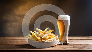 Light foamy beer with French fried potato on wooden table background, snack and cold bar beverage