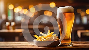 Light foamy beer with French fried potato on wooden table and blurred pub, bar or cafe background