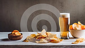 Light foamy beer, potato crisps on wooden background, chips snack and cold bar beverage, food and drink