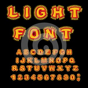 Light font. Retro Alphabet with lamps. Glowing letters. ABC pointer with shine bulb. Vintage Glittering lights lettering
