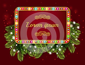 Light frame place for text with christmas decorations, and garland on red background. Fir tree background Vector