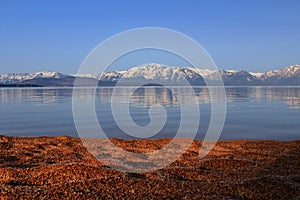 Light Frost on Red Sand Beach at Zephyr Cove at Sunrise, Lake Tahoe, Nevada, Sierra Nevada, USA