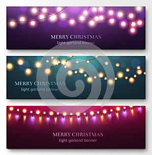 Light garland banners. Glowing light bulbs on strings, festive christmas party decor. Abstract xmas winter holidays