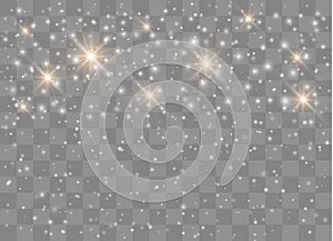 Light glow effect stars. Vector sparkles on transparent background. Christmas abstract pattern. Sparkling magic dust particles.