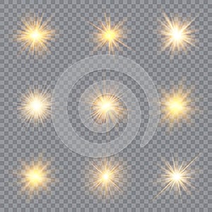 Light glow effect stars. Vector sparkles on transparent background. Christmas abstract pattern. Sparkling magic dust particles.