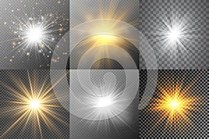 Light glow effect stars. Vector sparkles on transparent background. Christmas abstract pattern. Sparkling magic dust particles.