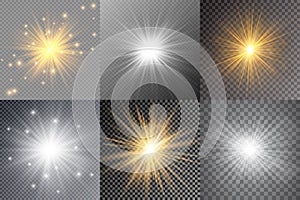 Light glow effect stars. Vector sparkles on transparent background. Christmas abstract pattern. Sparkling magic dust particles.