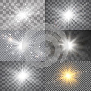 Light glow effect stars. Vector sparkles on transparent background. Christmas abstract pattern. Sparkling magic dust particles.