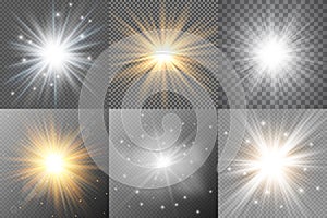 Light glow effect stars. Vector sparkles on transparent background. Christmas abstract pattern. Sparkling magic dust particles.