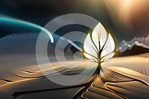 light glowing leaf in desert. Ai Generative